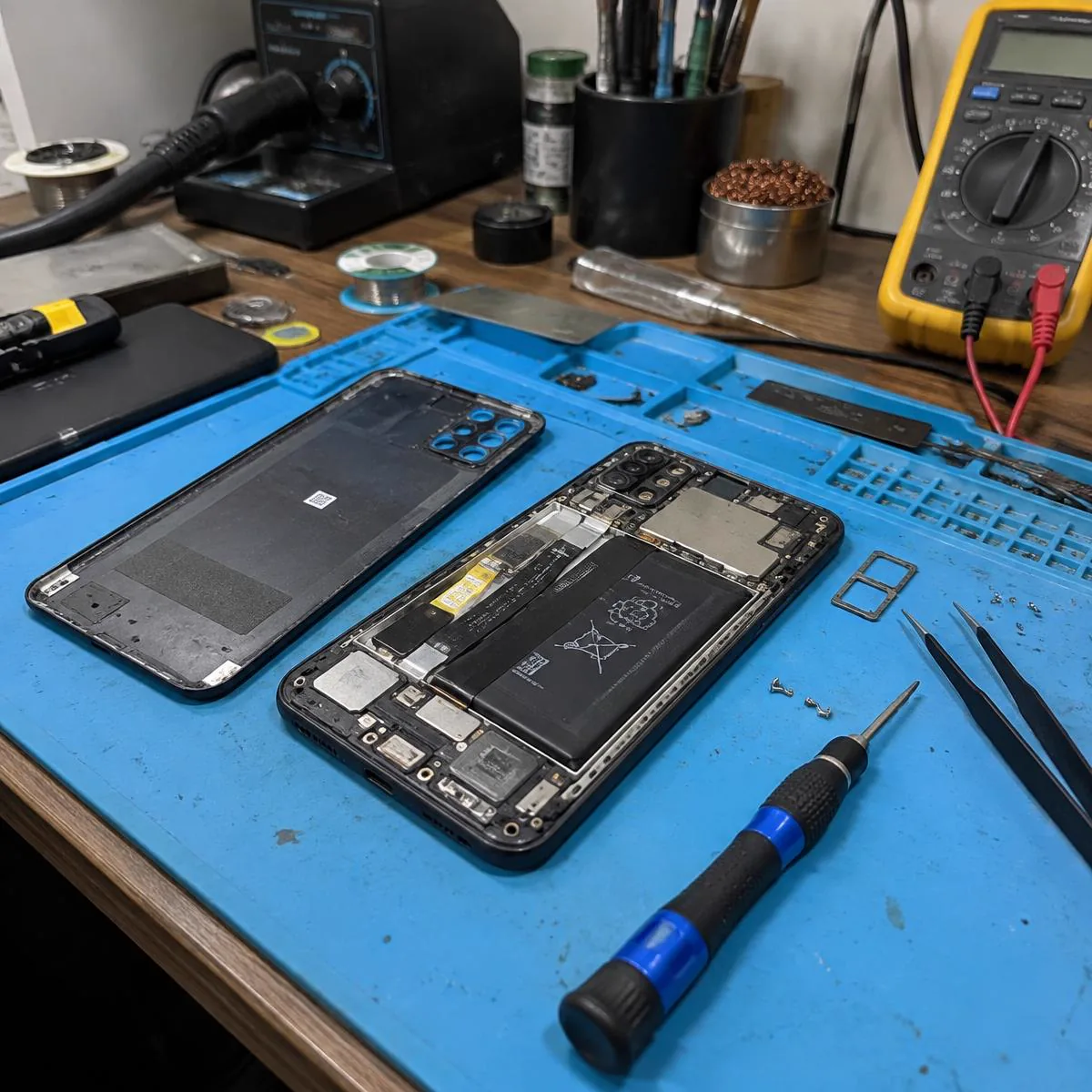 Celular aberto em uma bancada simples de assistência técnica