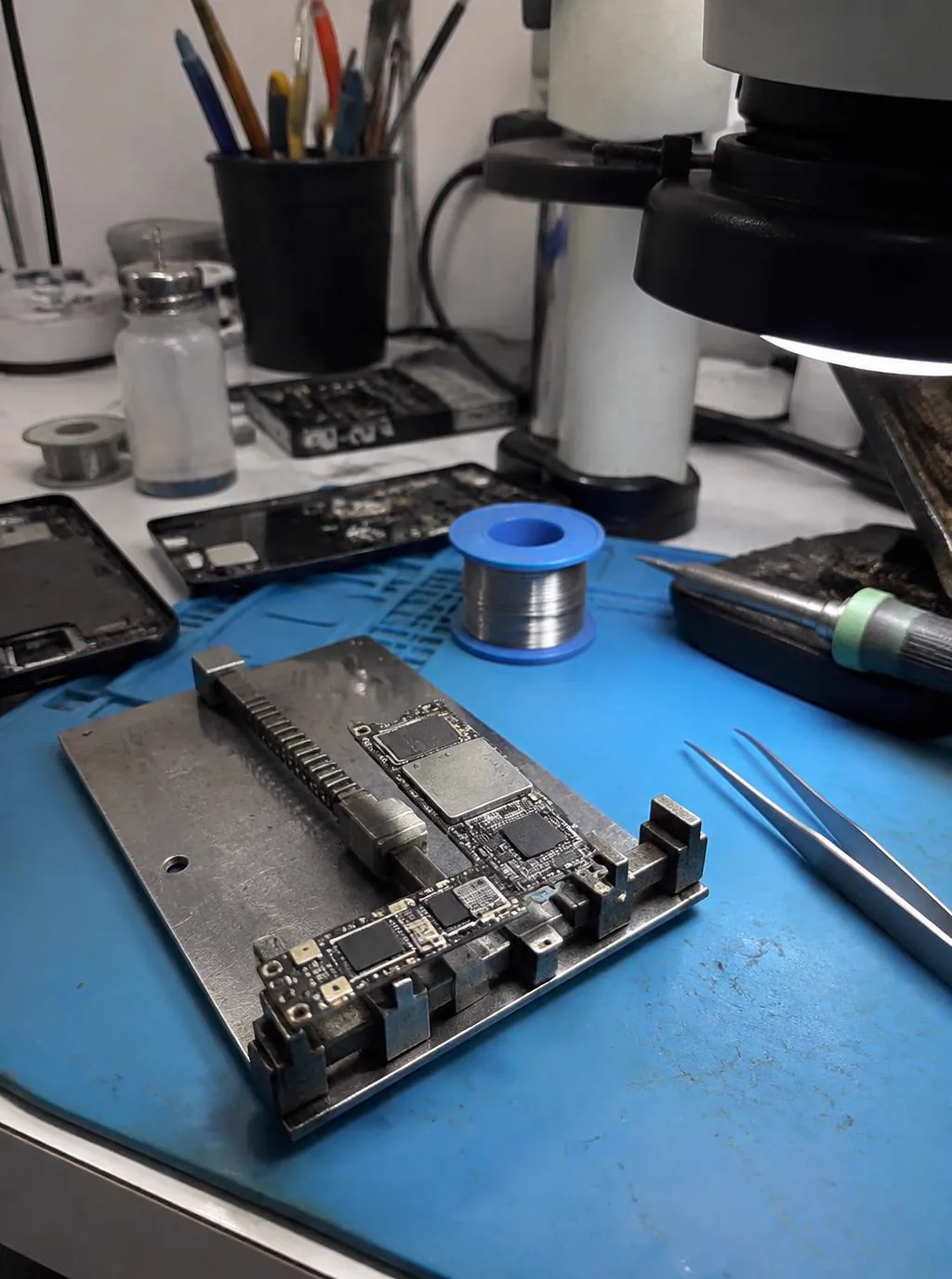 Placa de celular preparada para microssolda na bancada